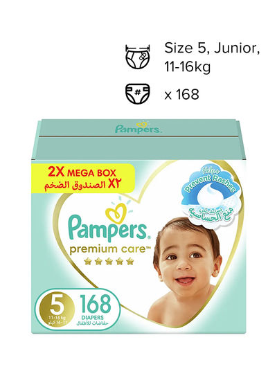 Pampers Premium Care Diapers, Size 5, Junior, 11-16 Kg, Double Mega Box, 168 Diapers